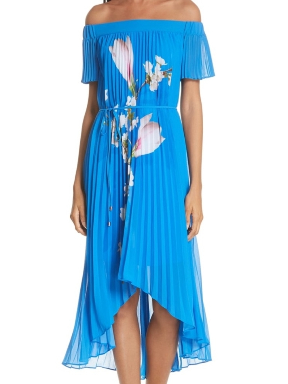 Ted Baker Cobalt Blue Off-Shoulder Pleated High-Low Floral Dress - Picture 7 of 14